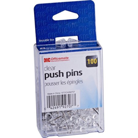 OIC Pushpins, Plastic, Clear, Head 1/2" L, 100/BX 100PK OIC92707